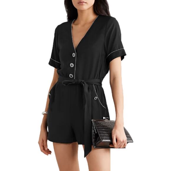 Jonathan Simkhai Pants - NWT Jonathan Simkhai Piped Luxe V Neck Romper in Black Womens Small